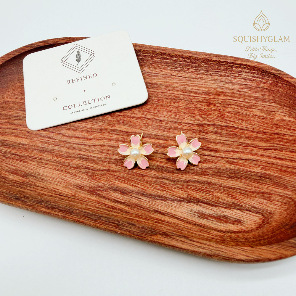 Blush Petal Flower Stud Earrings – Pink Enamel & Pearl Center